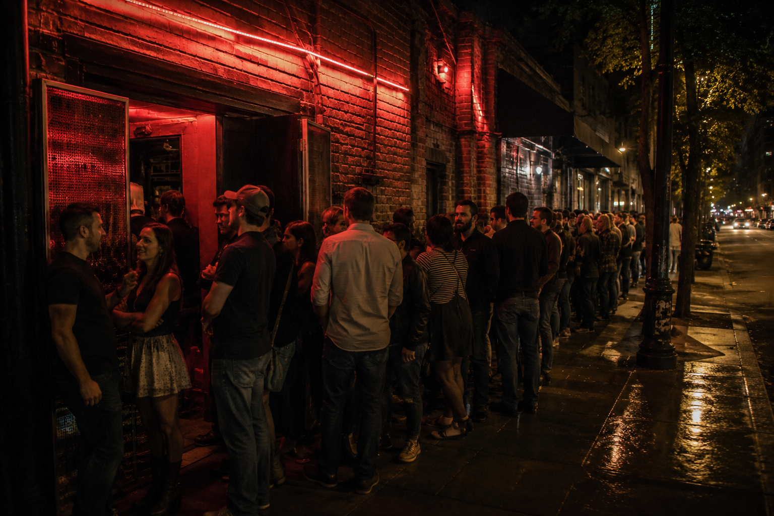 Line outside Red Line Underground Comedy Club at night